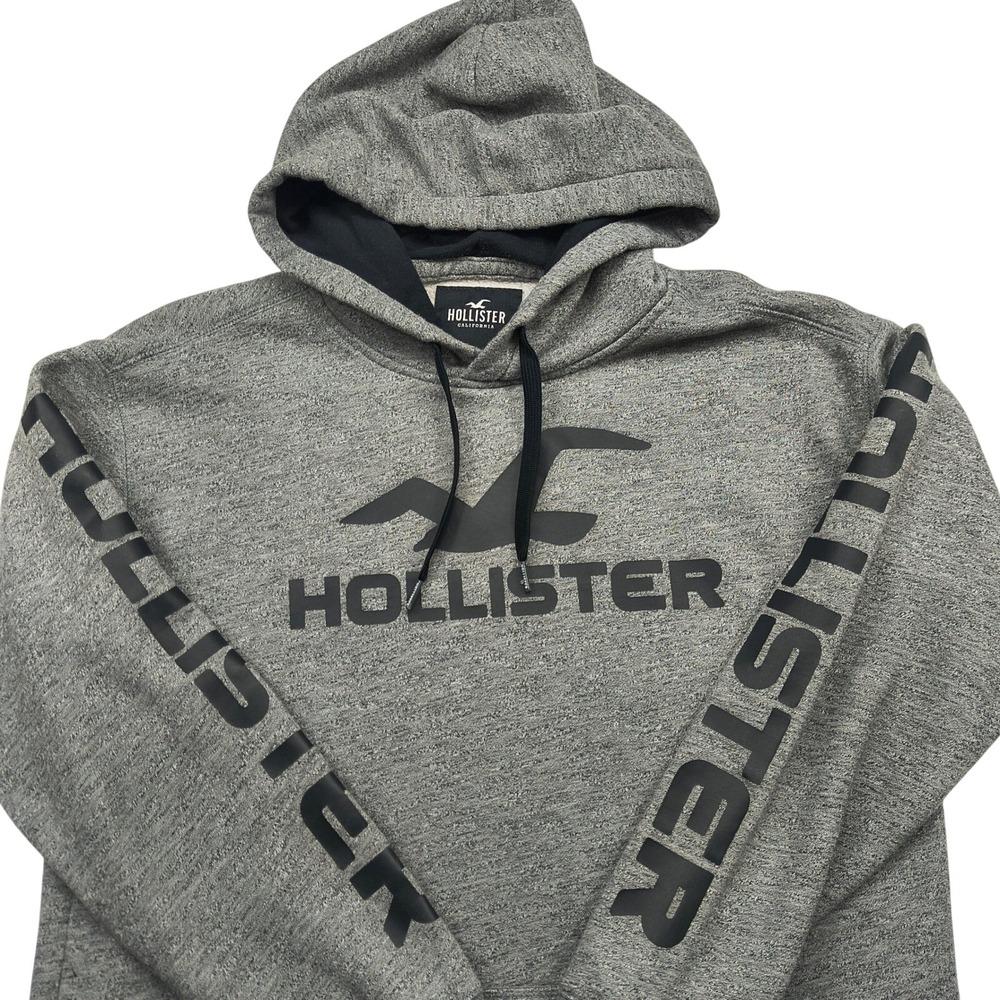 Hollister Men Medium Heather Gray Graphic Logo Fleece Pullover Hoodie Sweatshirt